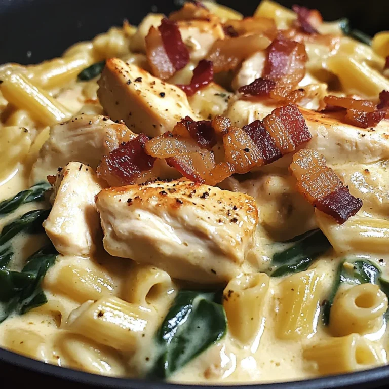 Creamy Chicken, Bacon & Spinach Pasta in Cheesy Garlic Sauce