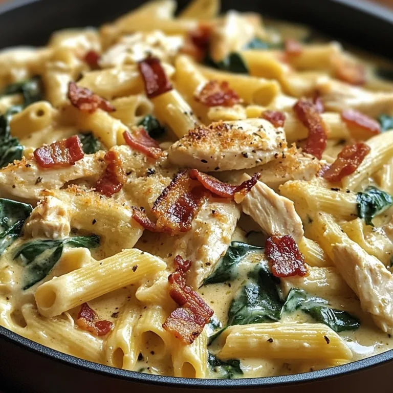Creamy Chicken Pasta with Spinach, Bacon, and Cheese