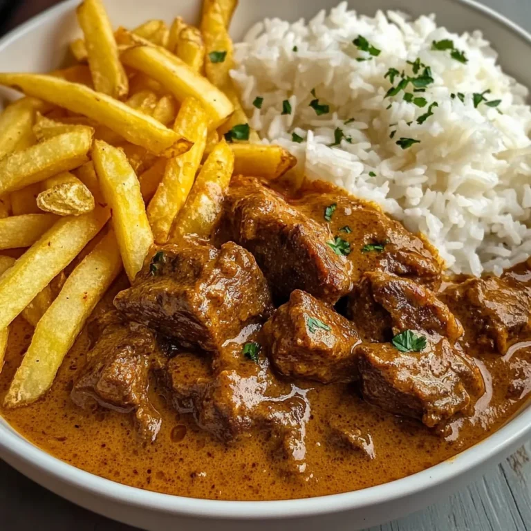 Creamy Coconut Curry Beef with Rice and Fries