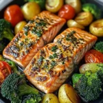 Garlic Butter Salmon with Roasted Veggies & Baby Potatoes