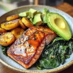 Glazed Salmon with Plantains, Spinach & Avocado Bliss Bowl