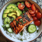 Honey-Glazed Salmon Bowl with Rice, Avocado, Cucumber & Tomato Herb Salad