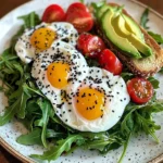Poached Egg & Arugula Salad with Avocado, Tomato & Cream Cheese Toast