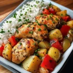 Savory Herb Chicken with Roasted Potatoes, Bell Peppers & Steamed Rice